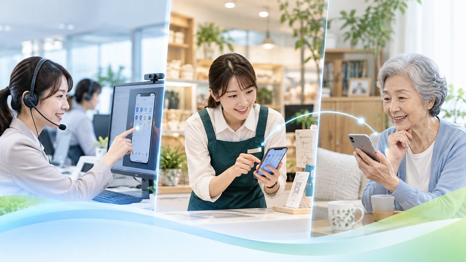 コールセンターの担当者、店舗のスタッフ、ご自宅のお客様がスマホ画面を通じてつながっている様子