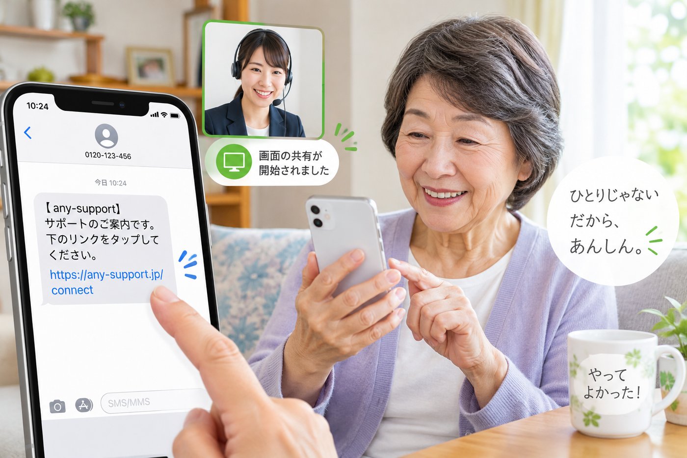 届いた SMS のリンクをタップして、ご自宅でスマホ画面を共有しながらサポートを受けているお客様
